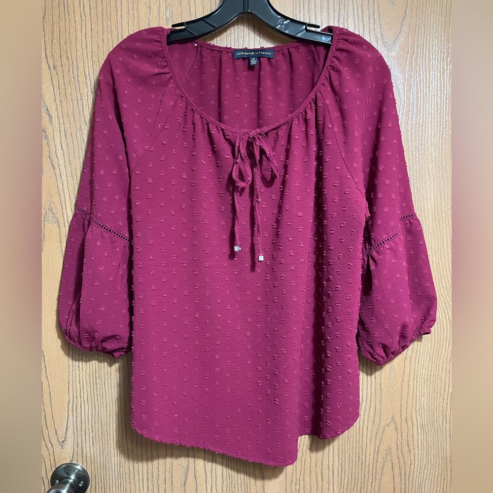EUC Wine Purple Blouse with Tie Neck and Swiss Dots